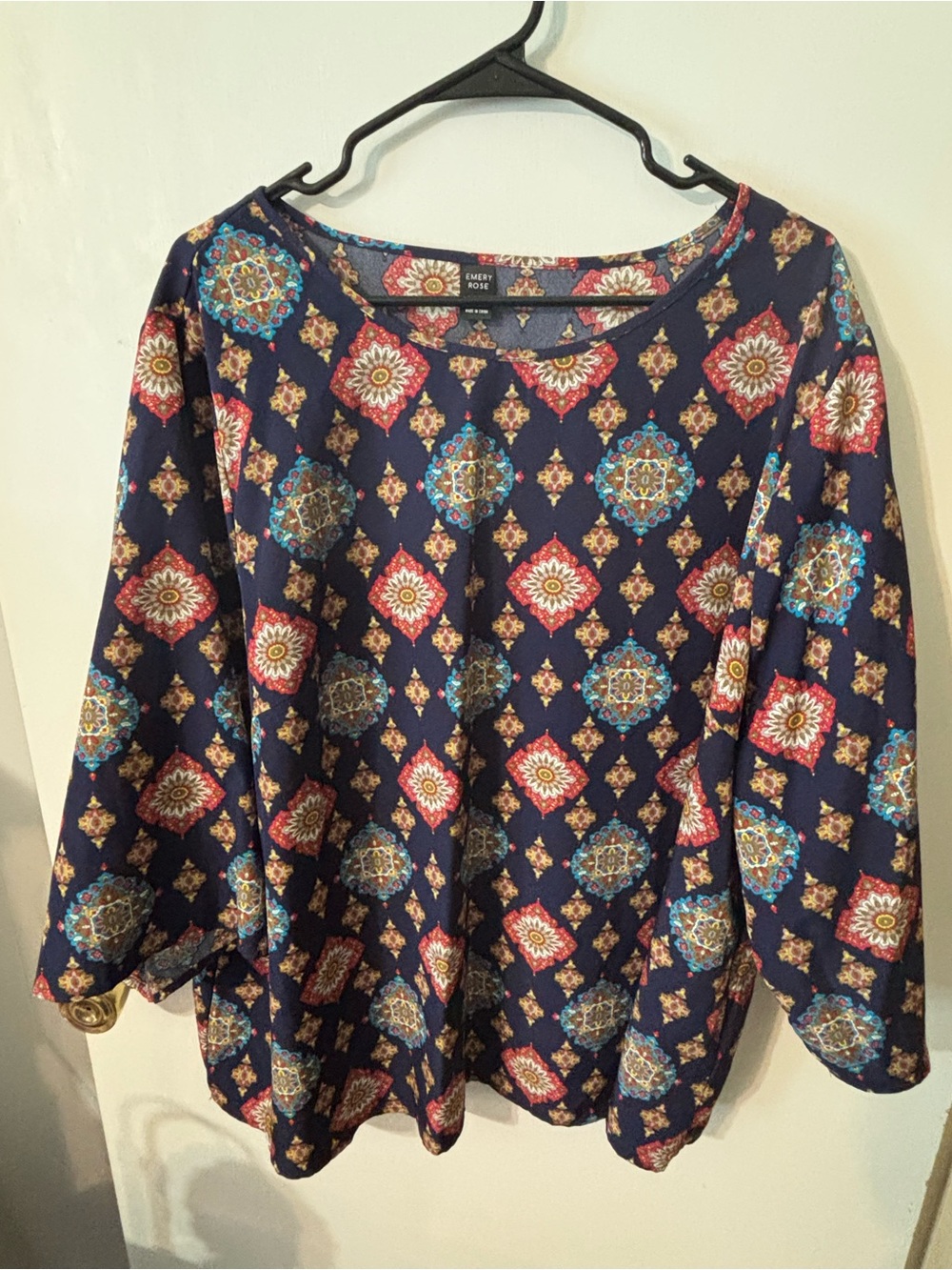 Emery Rose Navy Medallion-Print Long Sleeve Blouse 4XL